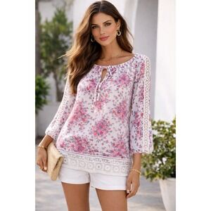 Indigo Rose Blouse Womens 1X White Floral Boho Cottagecore Romantic Feminine